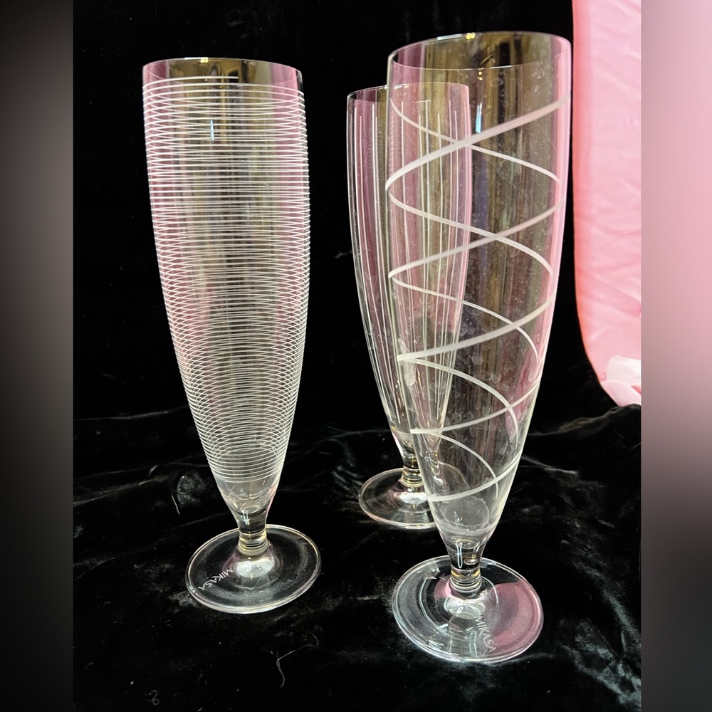 Set of 3 Clear Champagne Pilsner Beer Flutes with etched patterns
